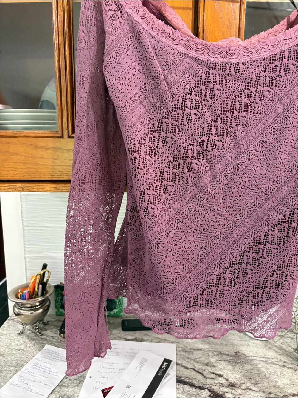 Betsey Johnson Lace Trim Scoop Neck Top in Wine Pink - Picture 2 of 3